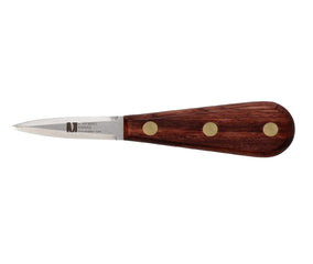 An oyster shucker with a wood handle and a pointed blade 