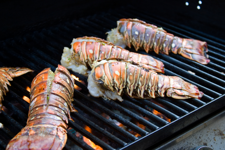 Four spiny lobster tails on grill