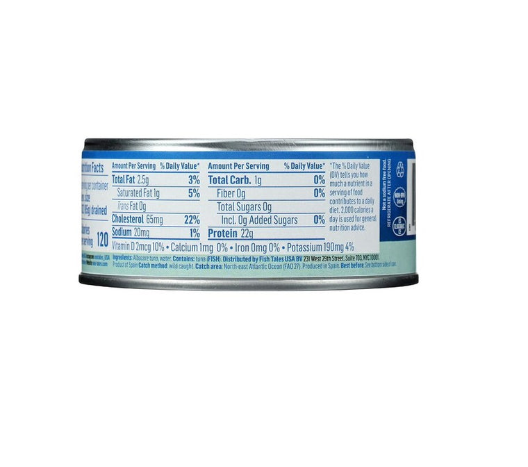 back of fishtales albacore tuna can